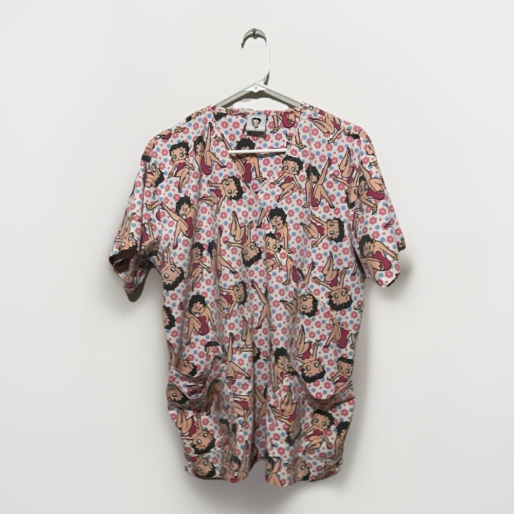 Betty Boop Scrub Top L‎ Floral Pin-Up Print Pink Blue 2015 Cotton Blend